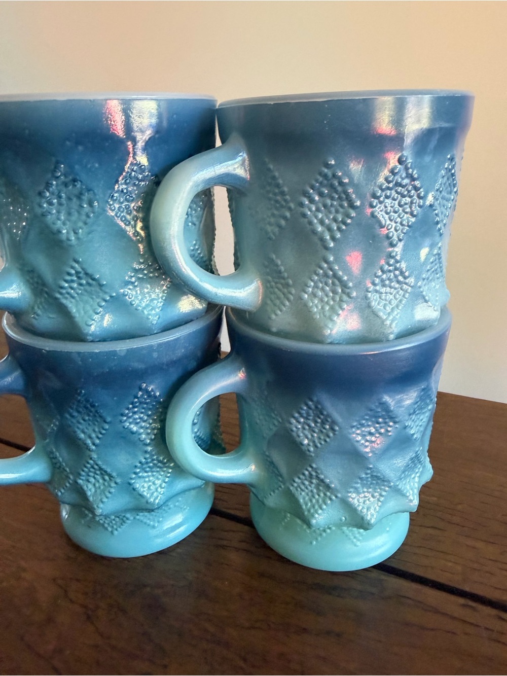 Vintage 1960s-70s Anchor Hocking Fire King Blue Kimberly Diamond Mugs Set of 4 - Picture 5 of 9
